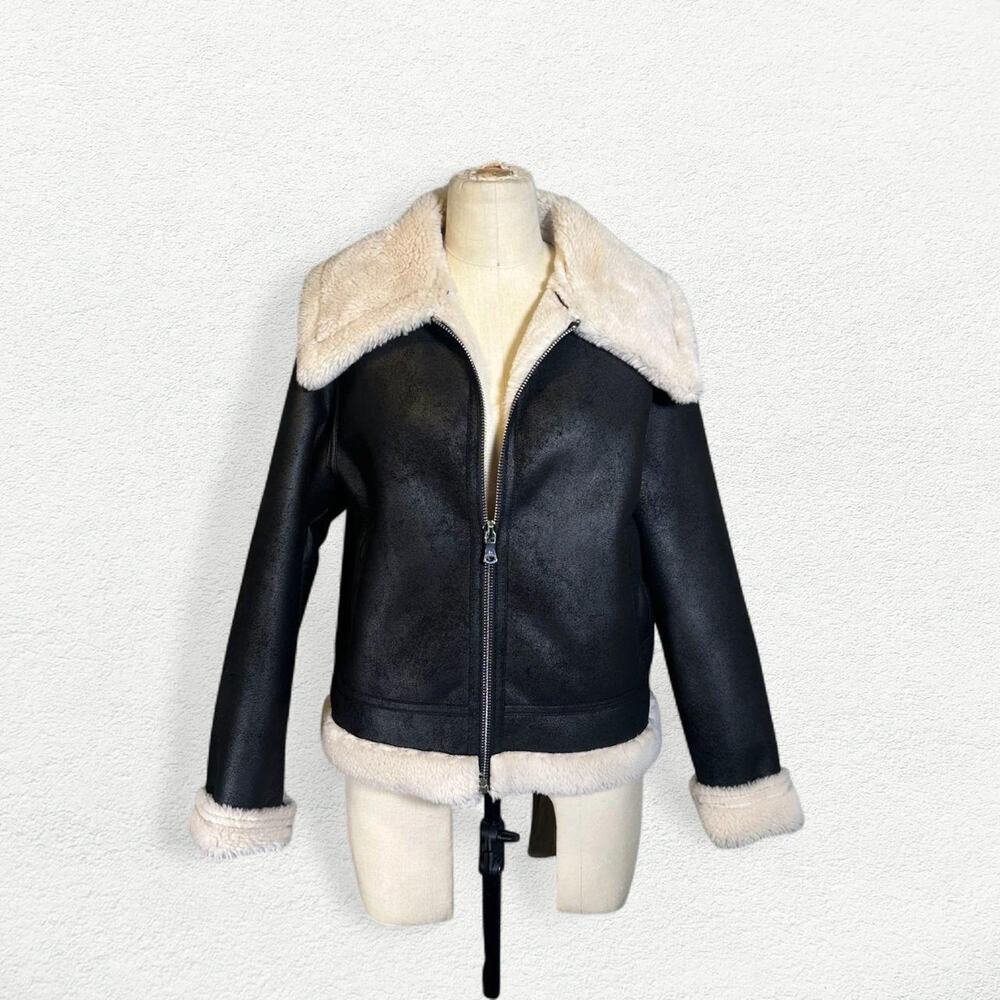 MNG by MANGO Splash Faux Fur Shearling Leather Coat Jacket in Black & Cream